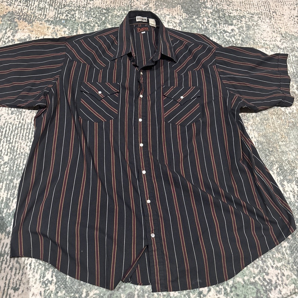 Vintage Plains Western Wear Big Man Pearl Snap Shirt Stripe Short Sleeve 2XL